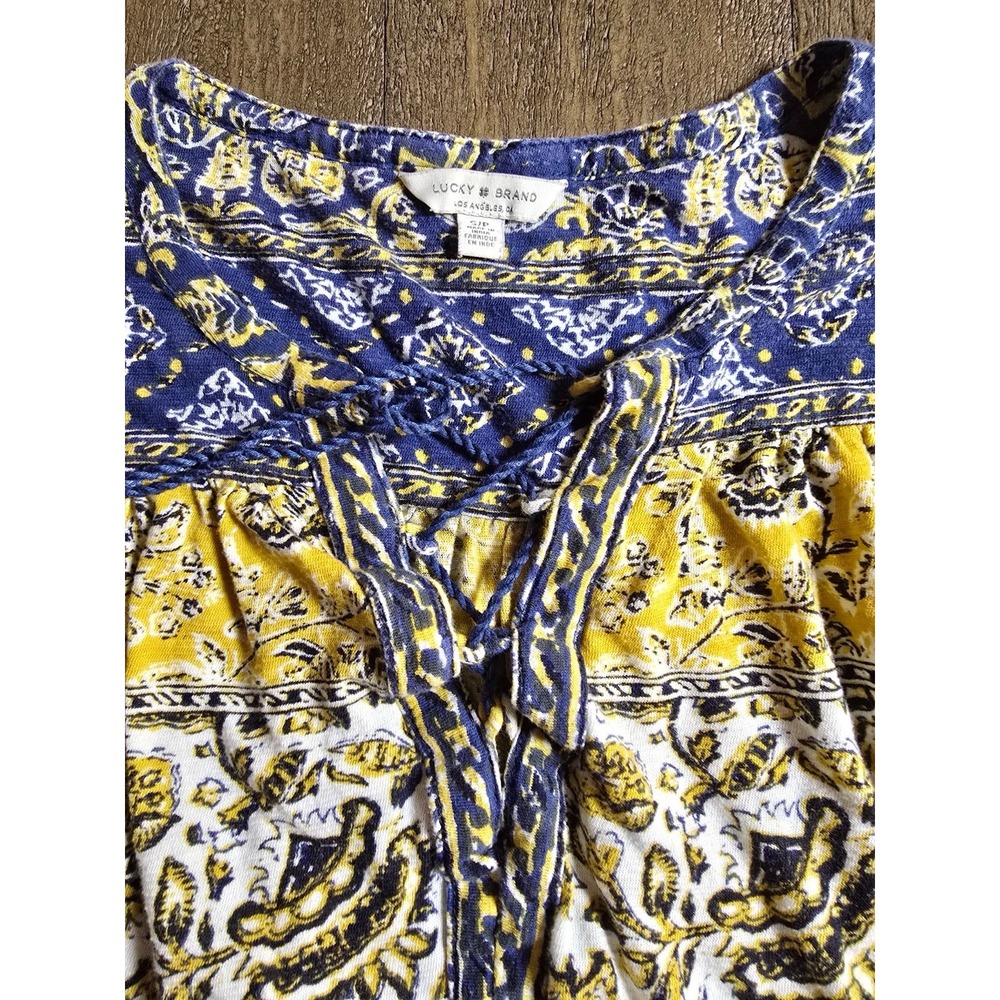 Lucky Brand Women's 3/4 Sleeve Tie Neck Paisley Boho Orangic Cotton‎ Blouse SM